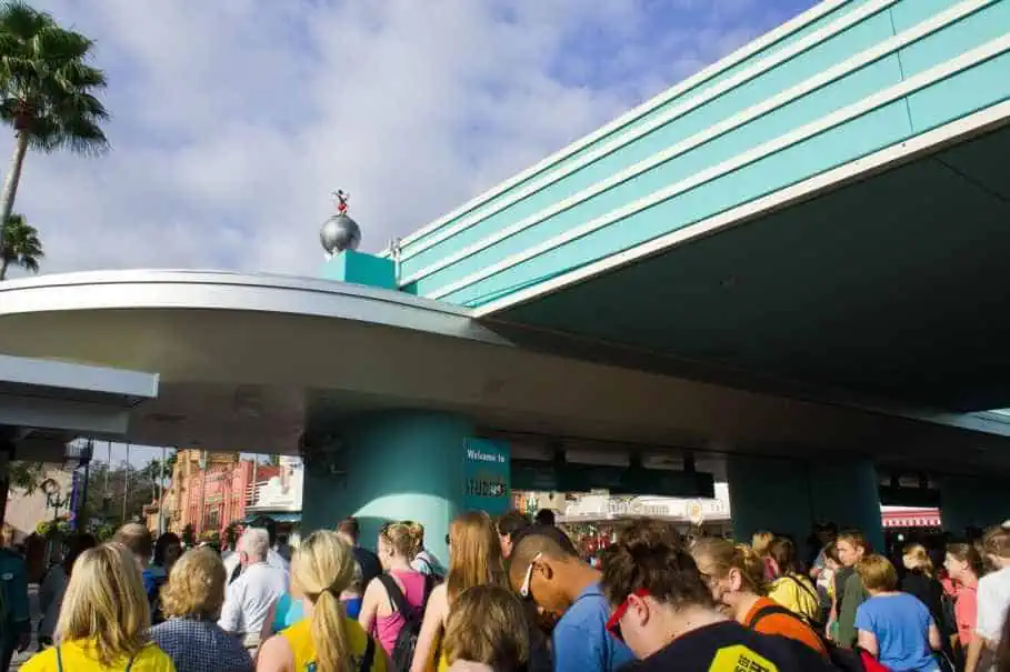 Crowds gather at the entrance to Disney Hollywood Studios