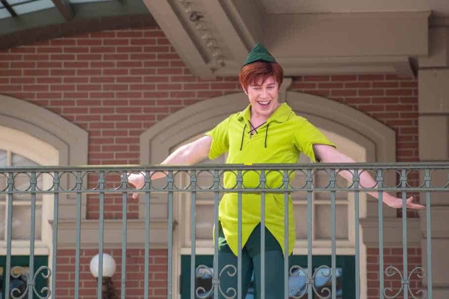 Peter Pan waving from the balcony at Walt Disney World Railroad at Magic Kingdom