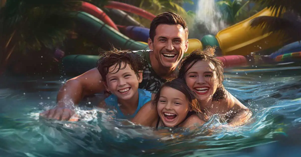 A Happy Family Enjoying Summertime in Disney World wearing new waterproof Disney Magic Bands