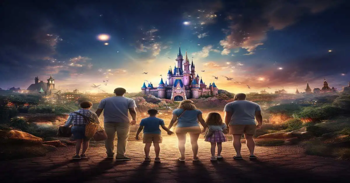 A family standing In front of Disney World in Summer Clothes