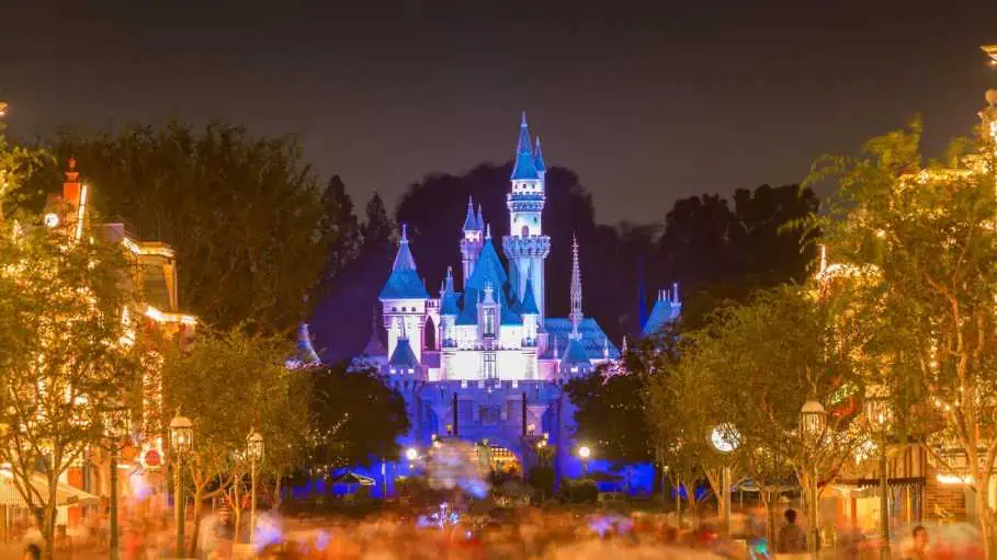 An astonishing view of Sleeping Beauty Castle by night at Disneyland Park