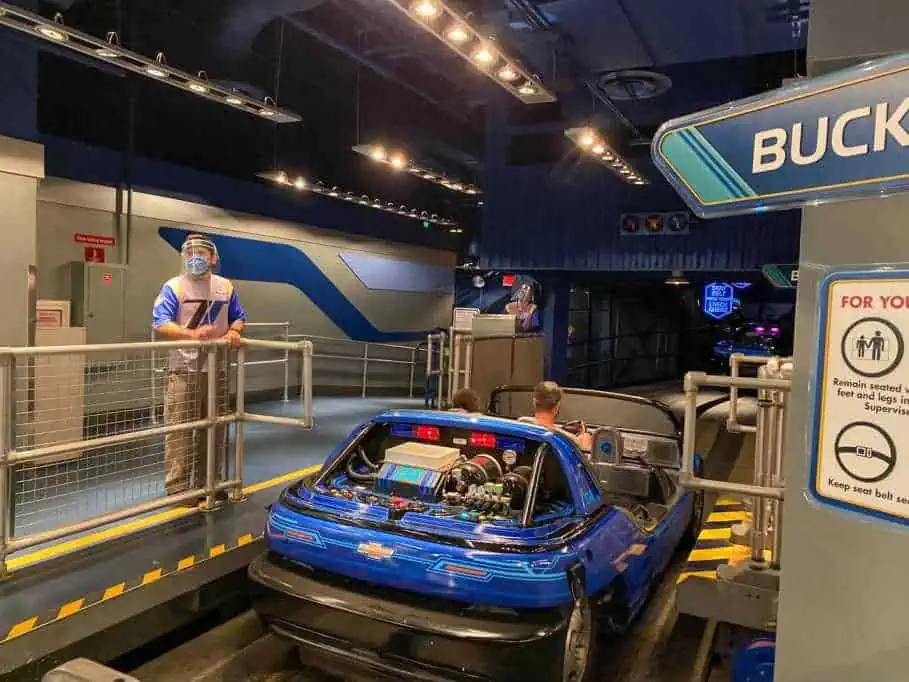 People are getting ready to ride the Test Track by Chevrolet ride at EPCOT in Walt Disney World