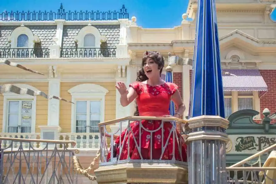Princess Elena of Avalor at Disney World on beautiful parade float at Magic Kingdom