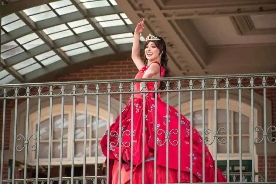 Princess Elena of Avalor at Disney World waving from the balcony at Magic Kingdom